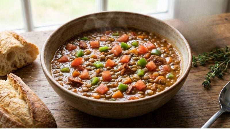 Plato de lentejas con tomate y pimiento